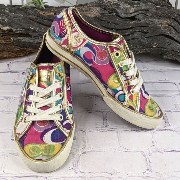 Coach Dee Gold Trim Multicolored Logo Lace Up Sneakers - Picture 1 of 10